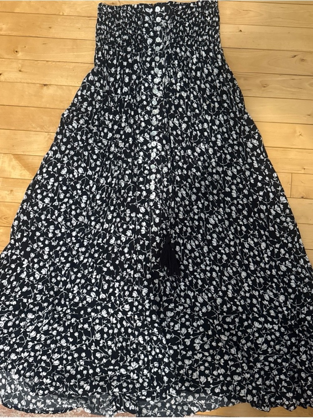Black & White Strapless Floral Maxi Dress with Smocked Bodice
